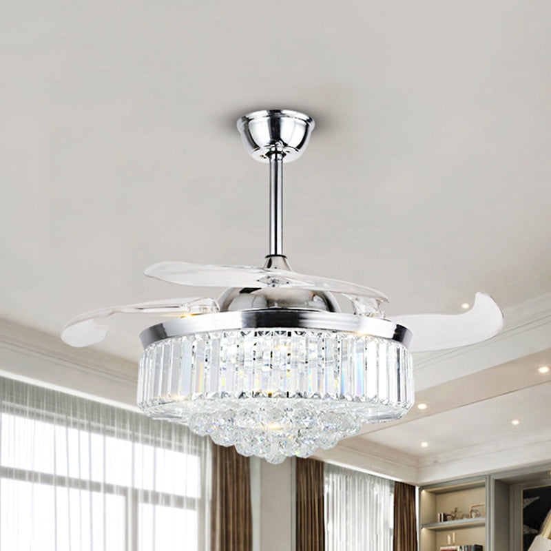 16 "W Circle Semi Mount Lighting Modernisme Crystal LED Chrome Pendant ventilateur de ventilateur avec 3 lames