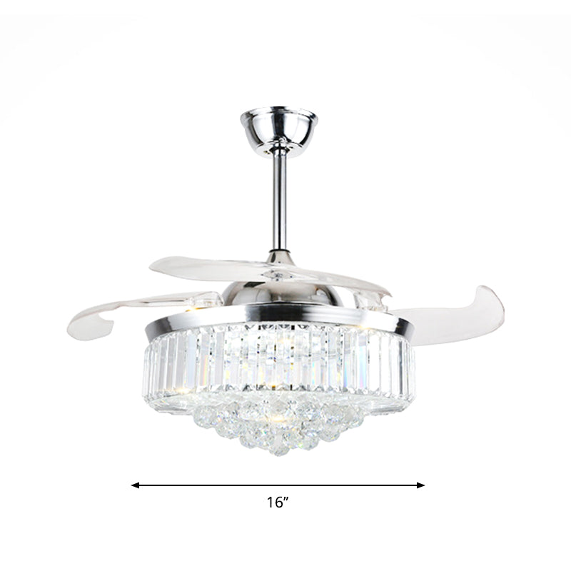 16" W Circle Semi Mount Lighting Modernism Crystal LED Chrome Pendant Fan Light Fixture with 3-Blade