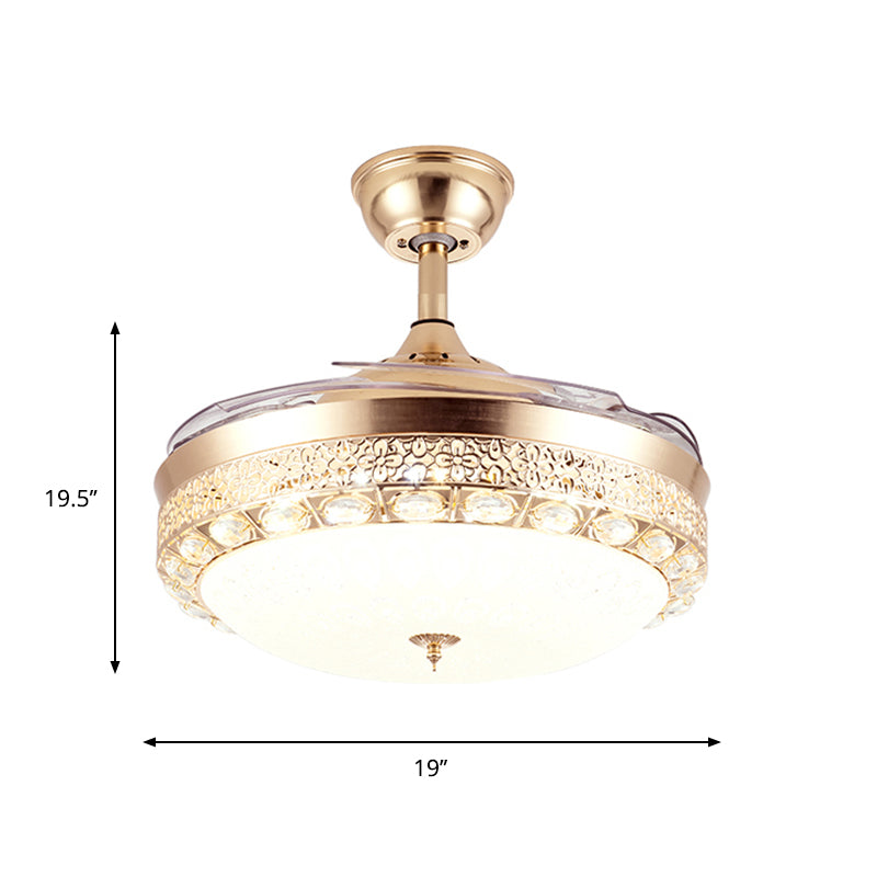 Hedendaagse koepel Semi -spoeling Mount Frosted Glass LED Parlor plafondventilator Lamp in goud met 3 messen, 19 "breed