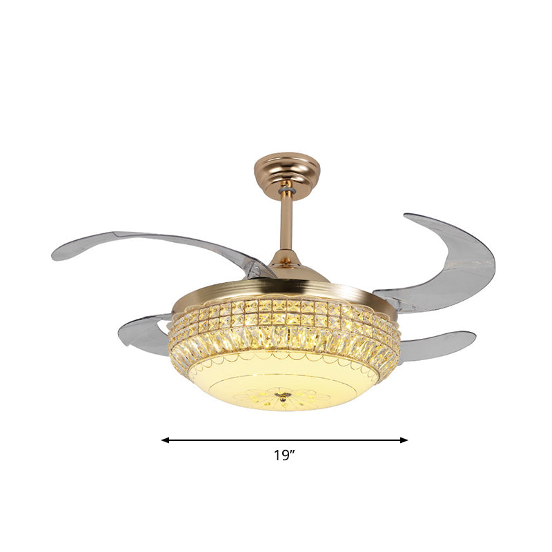 19" W LED Bedroom Semi Flush Lamp Modernist Gold 4-Blade Hanging Fan Light with Dome Textured Glass Shade