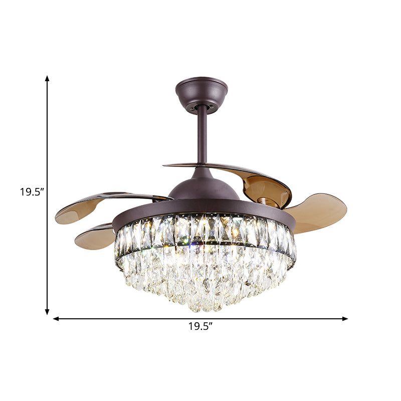 4 messen woonkamer led hangende ventilator licht eenvoud zwarte semi montage verlichting met taps toelopende heldere kristalschaduw, 19 "w