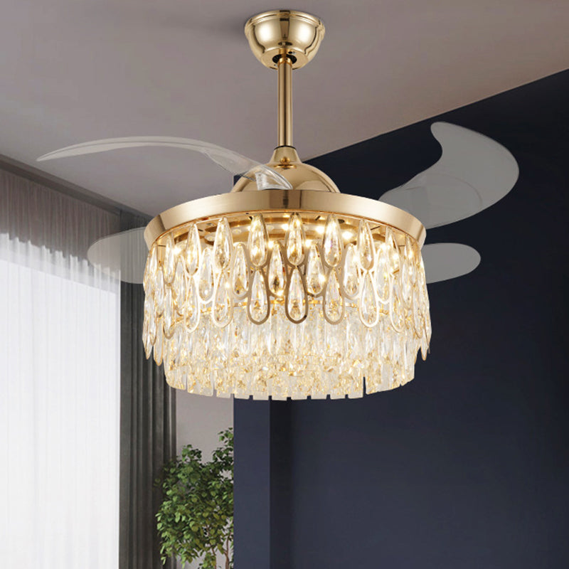 Tiered Crystal Ceiling Fan Light Modern 19" W LED Gold Semi Flush Mount with 4 Blades for Living Room