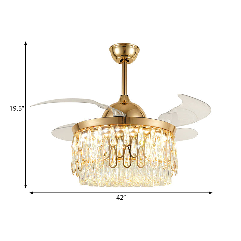 Tiered Crystal Ceiling Fan Light Modern 19" W LED Gold Semi Flush Mount with 4 Blades for Living Room