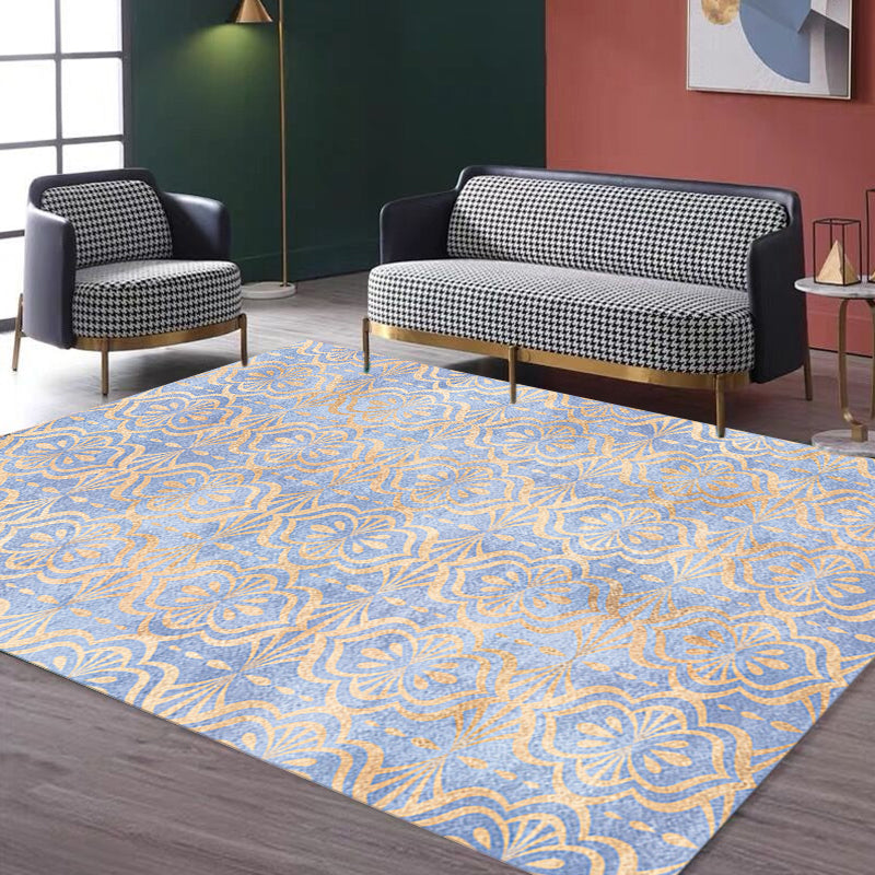 Retro Tribal Geometric Pattern Rug Brown and Blue Rug Polyester Washable Pet Friendly Anti-Slip Carpet for Living Room