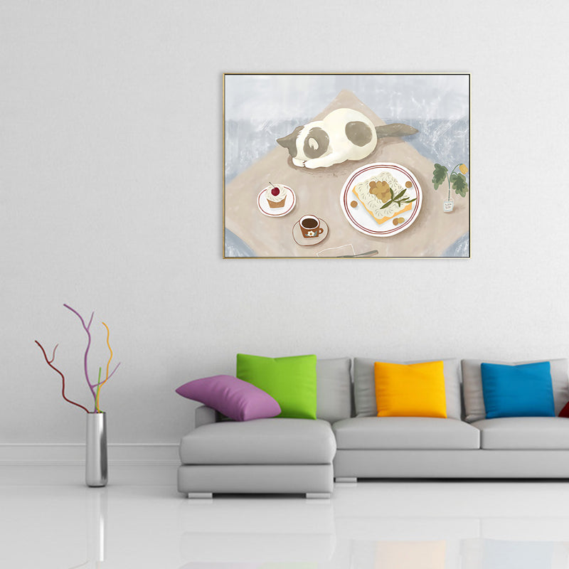 Pastel Color Cartoon Cat Painting Textured Contemporary Style Dining Room Wall Art