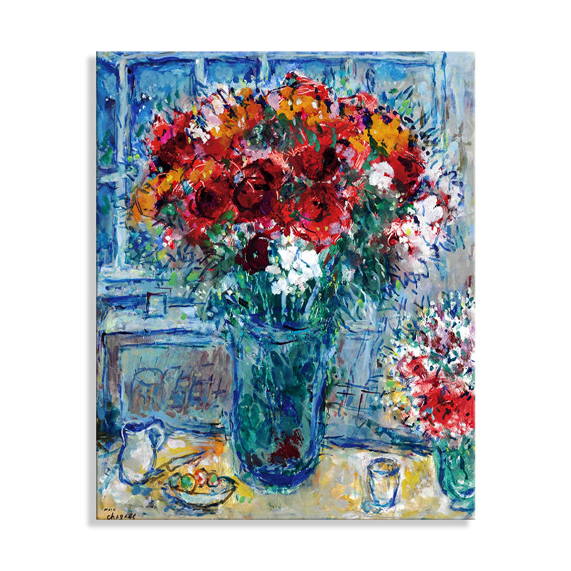 Drawing Flower and Vase Art French Country Style Canvas Textured Wall Print in Blue