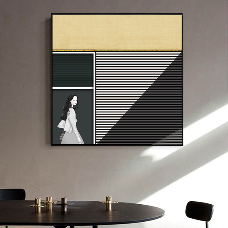 Walking Young Girl Wall Decor in Black Contemporary Style Canvas for Living Room