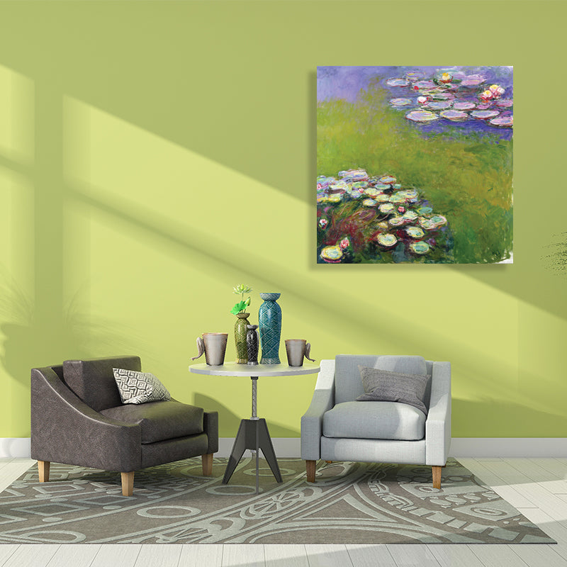 Green Lotus Flowers Scenery Canvas Textured French Rustic Style Bathroom Painting