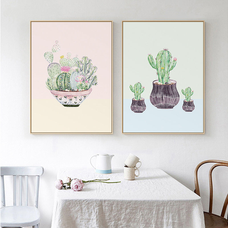 Contemporary Cactus Canvas Guest Room Wall Art Print in Pastel Color, Multiple Sizes