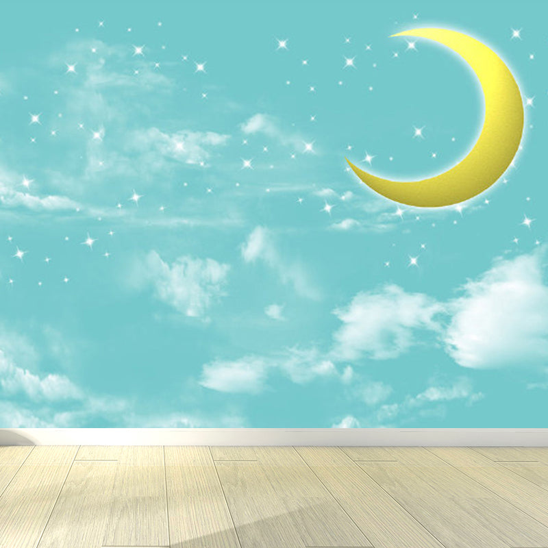 Moon and Stars Mural Decal Kid's Style Non-Woven Textured Wall Covering in Soft Color