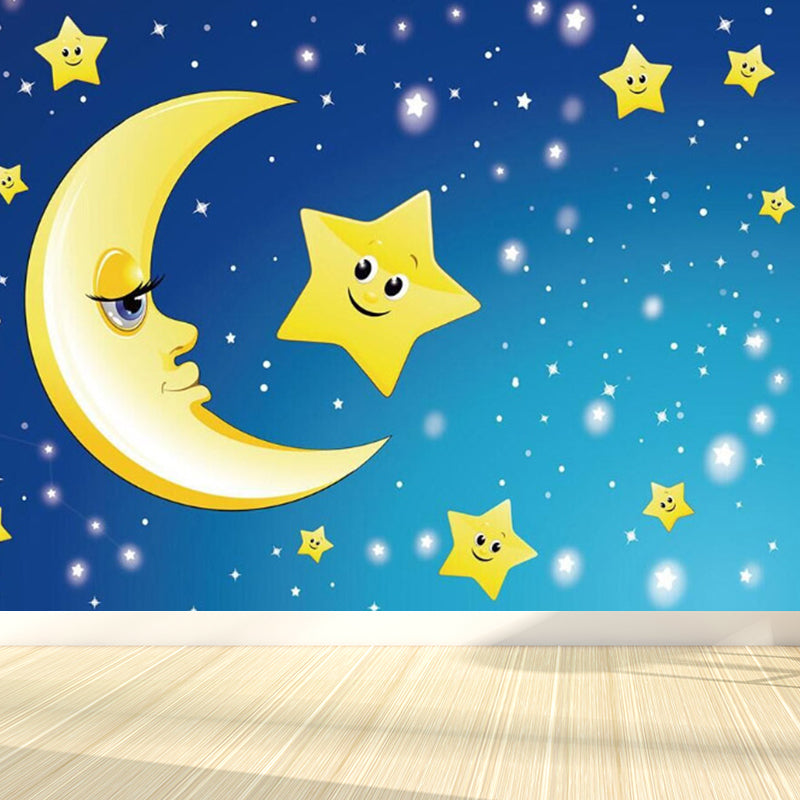 Moon and Stars Mural Decal Kid's Style Non-Woven Textured Wall Covering in Soft Color