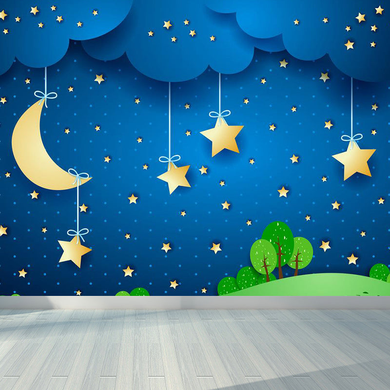 Moon and Stars Mural Decal Kid's Style Non-Woven Textured Wall Covering in Soft Color