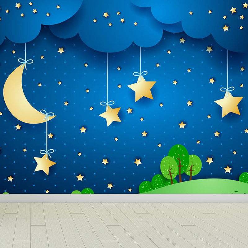 Moon and Stars Mural Decal Kid's Style Non-Woven Textured Wall Covering in Soft Color