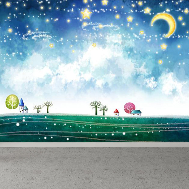 Moon and Stars Mural Decal Kid's Style Non-Woven Textured Wall Covering in Soft Color