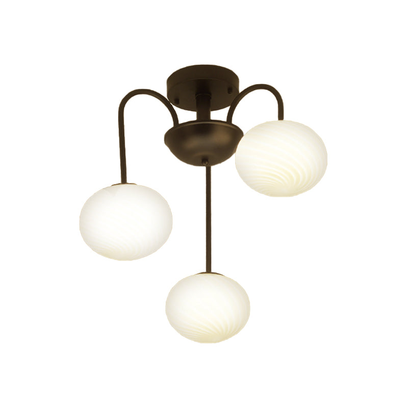 Sfera Glassa glassata semi -filo chiaro moderno moderno a 3 luci a soffitto nero/bianco montato con braccio curvo