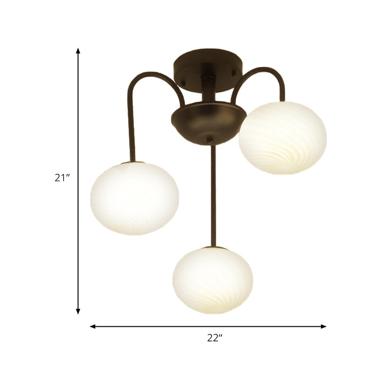 Ball Frosted Glass Semi Flush Light Modern Stylish 3 Lights Black/White Ceiling Mounted Light with Curved Arm