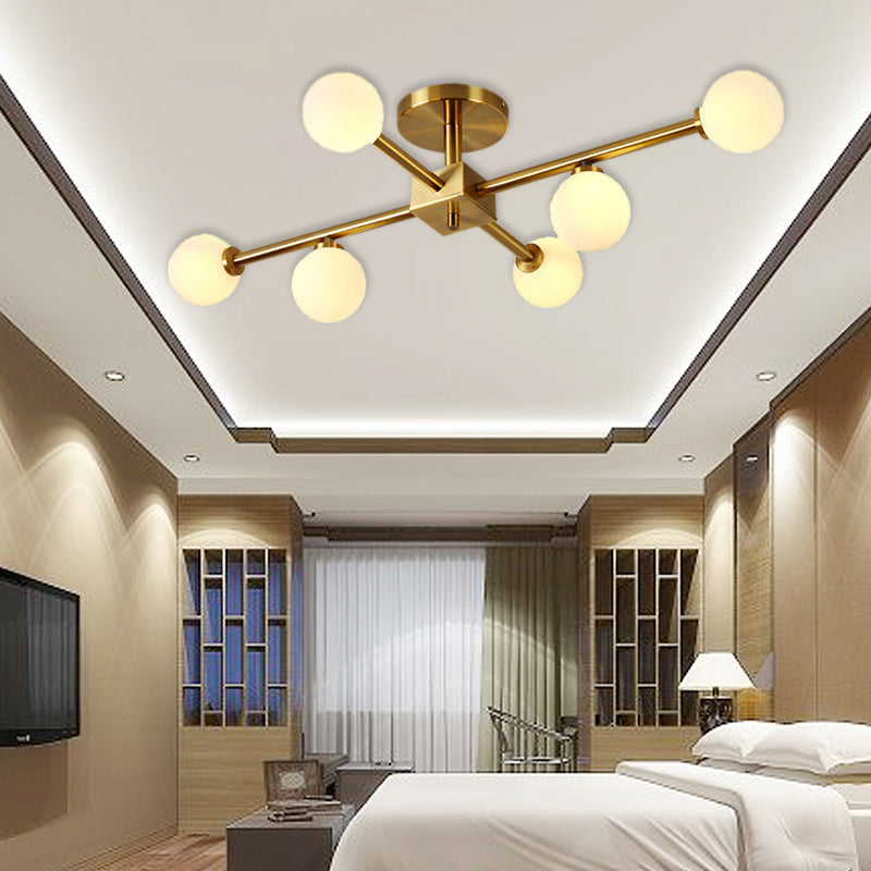 Modern Gold Finish Semi Flushmount Light Modo Metal Milk Glass Ceiling Lamp for Study Room