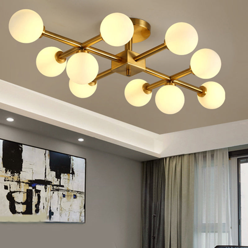 Modern Gold Finish Semi Flushmount Light Modo Metal Milk Glass Ceiling Lamp for Study Room