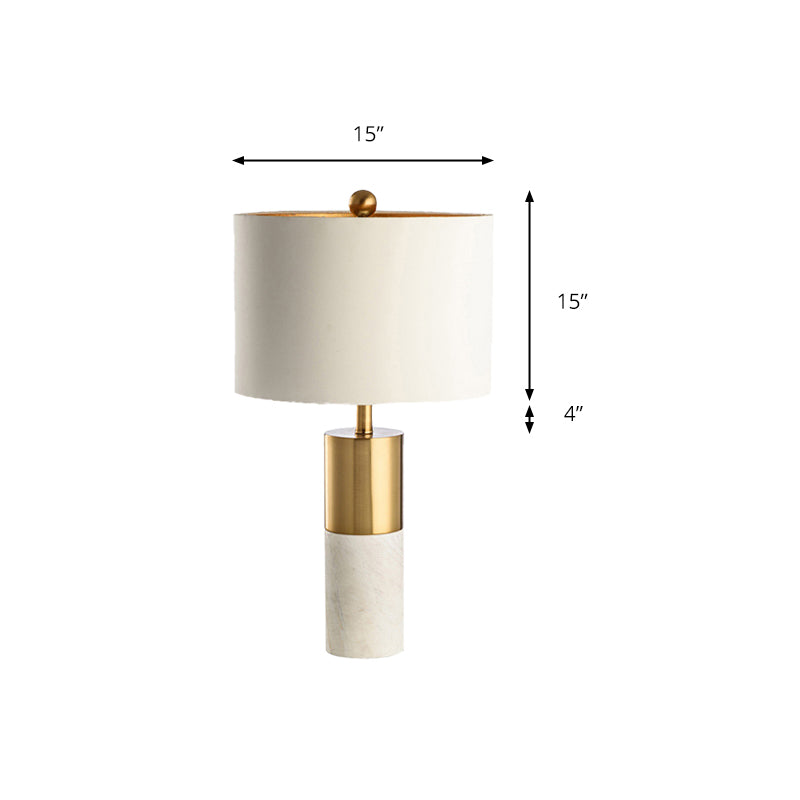 Metal Drum Shade Table Lamp with Marble Base Modern Style 1 Light White Table Lighting for Bedroom