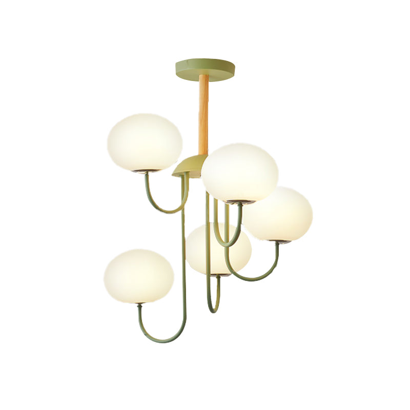 3/5 Lights Living Room Hanging Lamp with Pearl Glass Shade Nordic Gray/Green Semi Mount Lighting, Up/Down