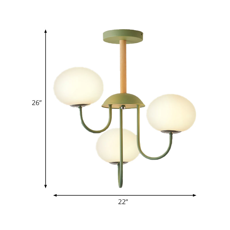 3/5 Lights Living Room Hanging Lamp with Pearl Glass Shade Nordic Gray/Green Semi Mount Lighting, Up/Down