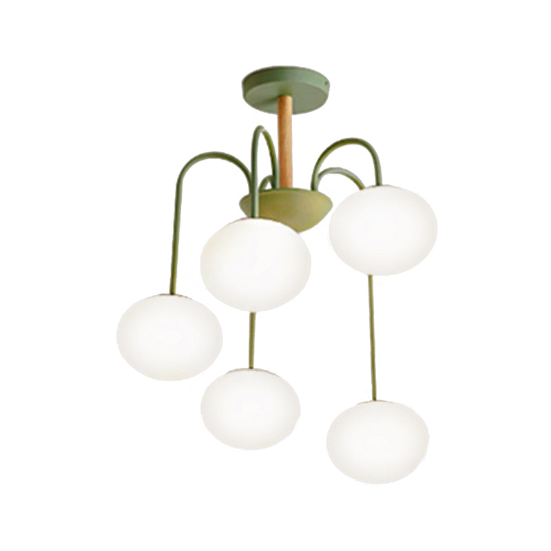 3/5 Lights Living Room Hanging Lamp with Pearl Glass Shade Nordic Gray/Green Semi Mount Lighting, Up/Down