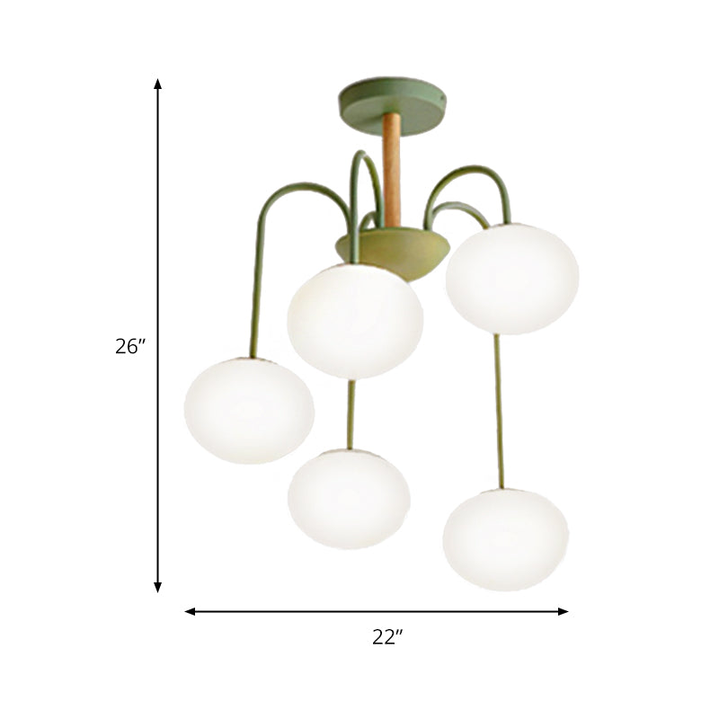 3/5 Lights Living Room Hanging Lamp with Pearl Glass Shade Nordic Gray/Green Semi Mount Lighting, Up/Down