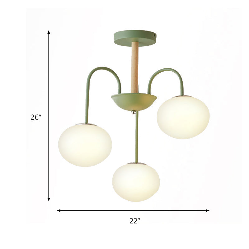 3/5 Lights Living Room Hanging Lamp with Pearl Glass Shade Nordic Gray/Green Semi Mount Lighting, Up/Down