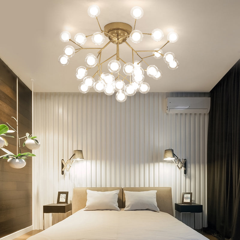 Multi-head Plant Semi Ceiling Mount Light Romantic Metal Glass  Ceiling Lamp in Gold for Hotel