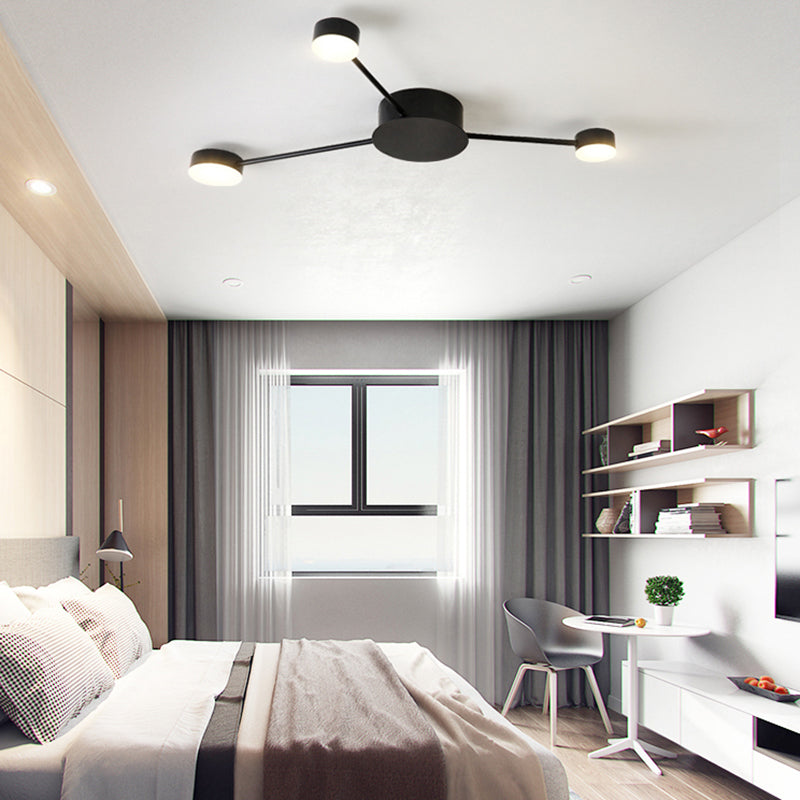 Linear Child Bedroom Semi Flush Ceiling Light with Drum Shade Metal Modern Ceiling Lamp in Black