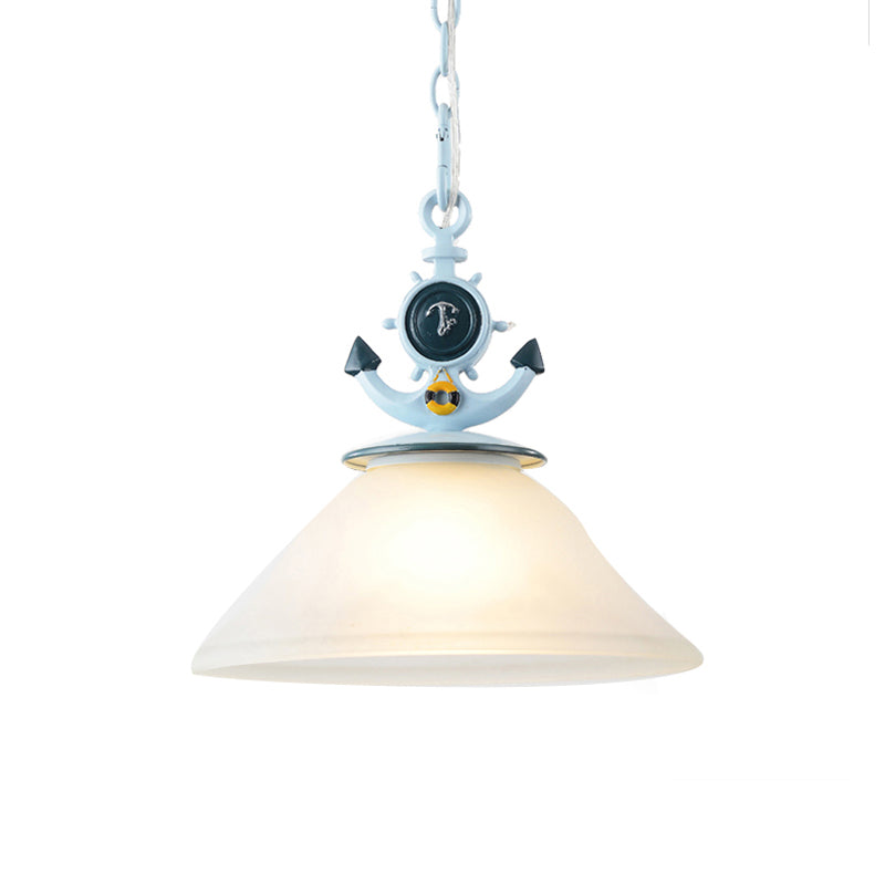 Restaurant Cafe Pendant Lighting Metal & Frosted Glass Nautical Style Hanging Lamp in Blue