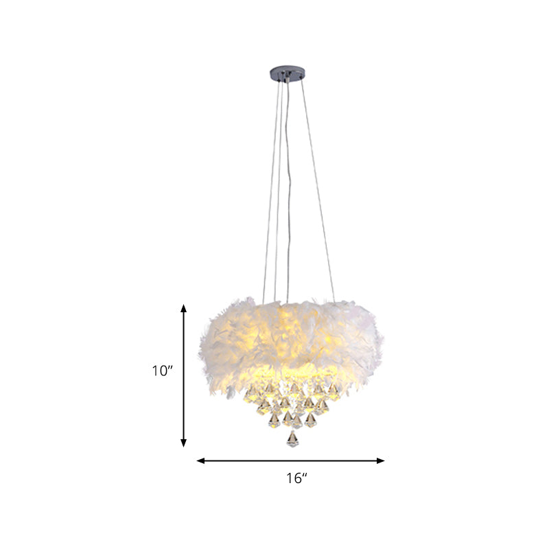 Drum Dining Room Hanging Light Feather Romantic Suspension Light with Crystal Deco in White