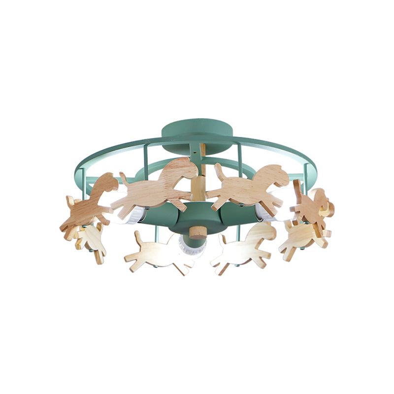 Macaron Merry-go-round Plafonnier Métal Bois 3 Lumières Vert Semi Flush Light pour Salle à manger