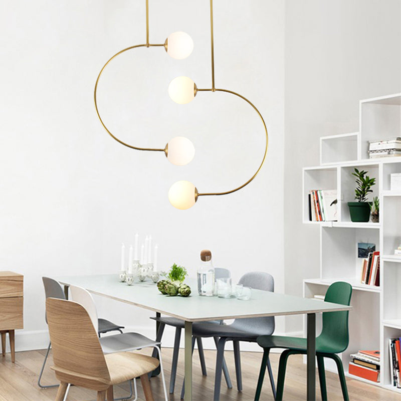 Metal C Shaped Hanging Pendant Light with Milk Glass Ball Shade Modern 2 Lights Suspended Lamp in Gold