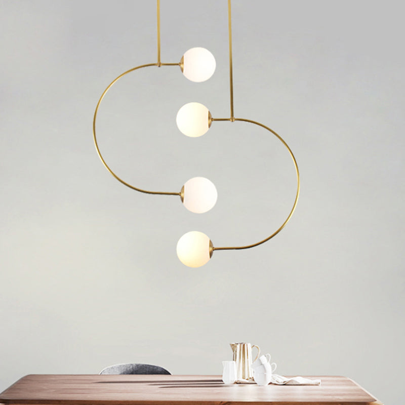 Metal C Shaped Hanging Pendant Light with Milk Glass Ball Shade Modern 2 Lights Suspended Lamp in Gold