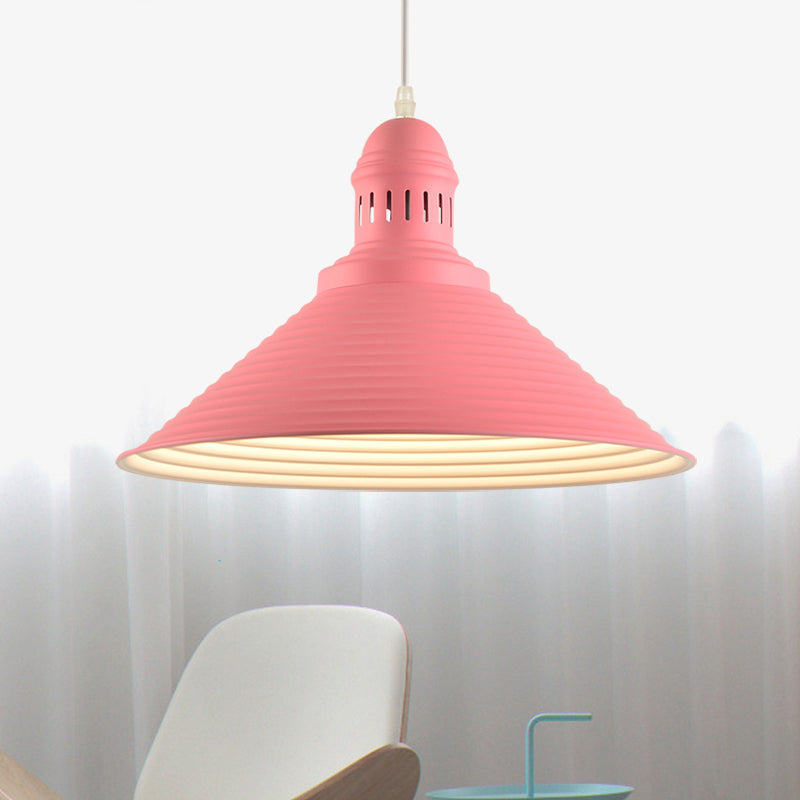 Cone Shade Hanging Light with Ruffle Design Nordic Metal 1 Light White/Pink Dining Room Hanging Pendant Light