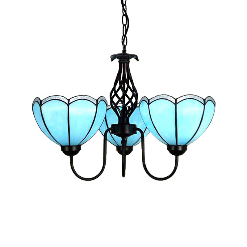 3 luces Luz de lámpara de araña festoneada Tradicional Tiffany Blue Glass Light para sala de estar
