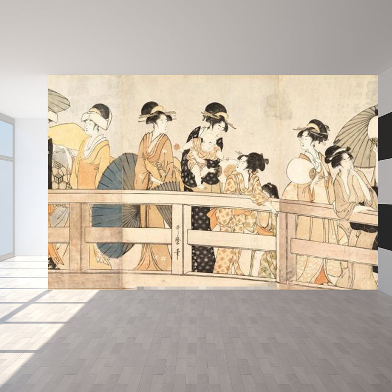 Full Size Illustration Modern Mural Wallpaper with Asian Ancient Figures in Light Color