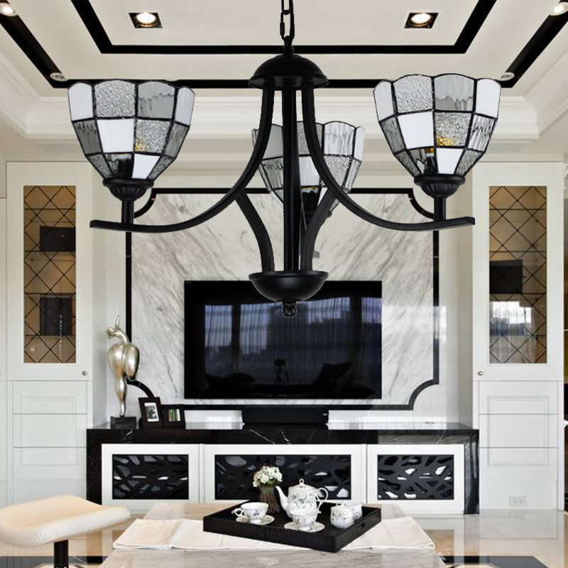 3 Lights Bowl Ceiling Hanging Light White Glass Tradition Chandelier Lamp in Black Finish for Foyer