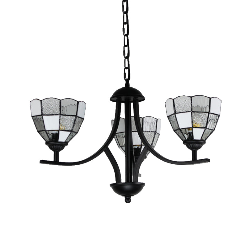 3 Lights Bowl Ceiling Hanging Light White Glass Tradition Chandelier Lamp in Black Finish for Foyer