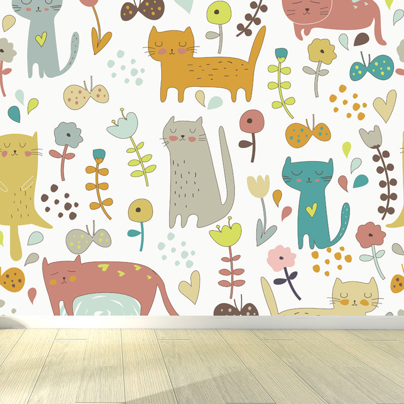 Cartoon Kitten Mural Wallpaper Colorful Moisture Resistant Wall Decor for Nursery