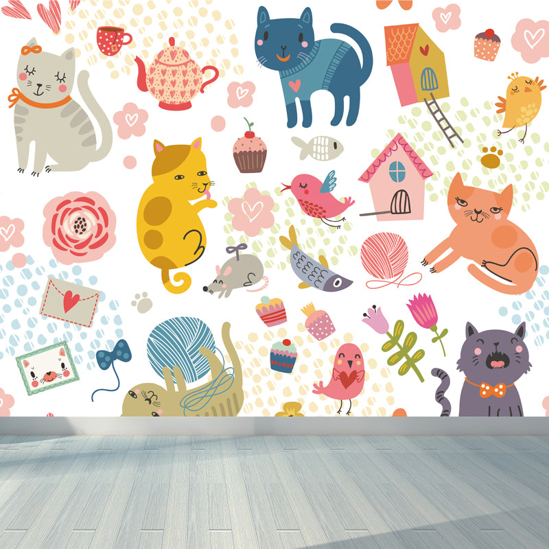 Cartoon Kitten Mural Wallpaper Colorful Moisture Resistant Wall Decor for Nursery