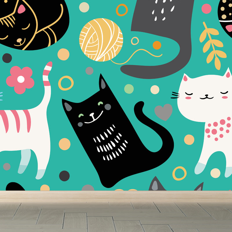 Cartoon Kitten Mural Wallpaper Colorful Moisture Resistant Wall Decor for Nursery