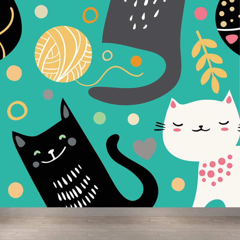 Cartoon Kitten Mural Wallpaper Colorful Moisture Resistant Wall Decor for Nursery
