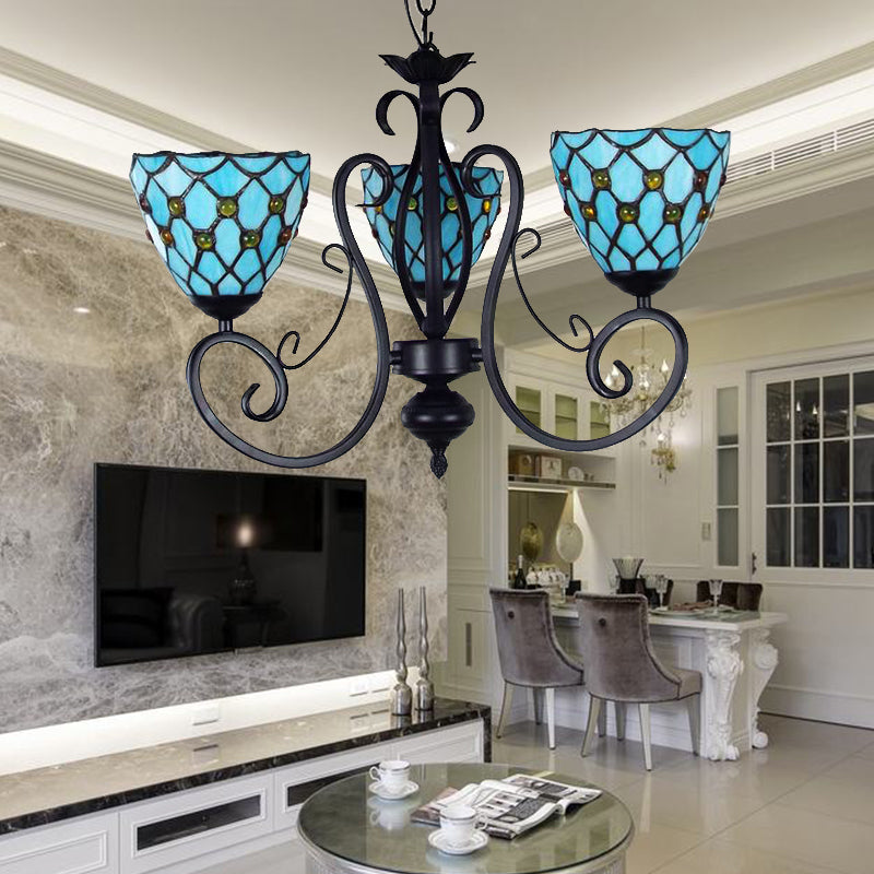 Luce a sospensione con soffitto perline con ciotola vetro blu lampadario tradizionale tradizionale con catena di metallo