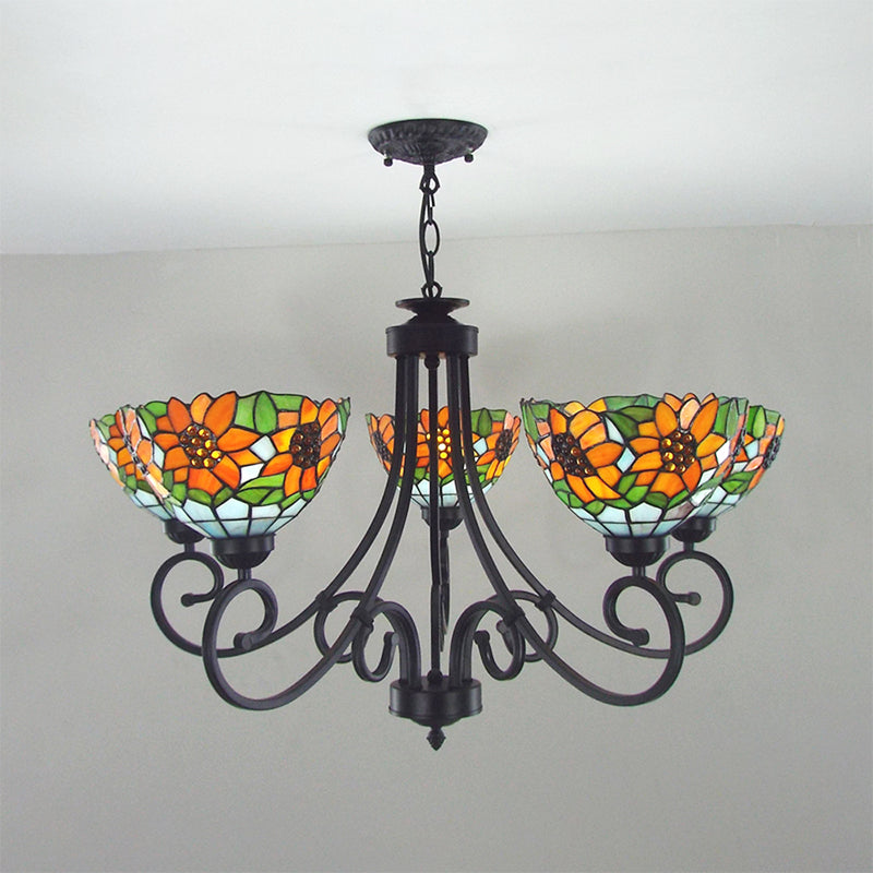 Luz de la lámpara de girasol rústica con sombra de tazón vidrieras 5 luces luz colgante en naranja