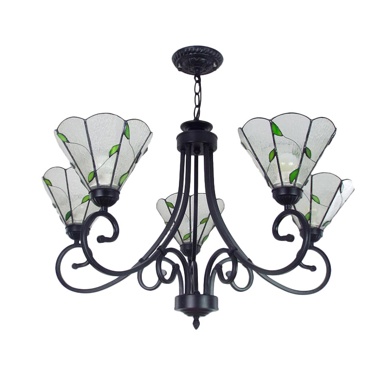 5 Lights Leaf Pendant Light with Clear Dimpled Glass Rustic Chandelier Lighting in Black Finish