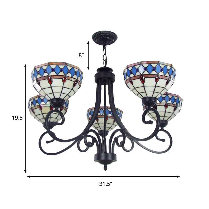 Colorful Glass Bowl Chandelier with Hanging Chain 5 Lights Baroque Pendant Light in 
Beige