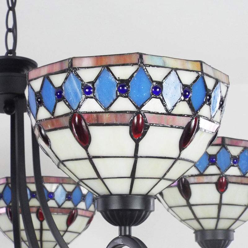 Colorful Glass Bowl Chandelier with Hanging Chain 5 Lights Baroque Pendant Light in 
Beige