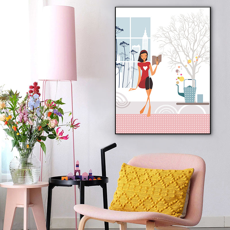 Textured Pastel Color Canvas Scandinavian Leisure Girl Wall Art Decor for Bedroom